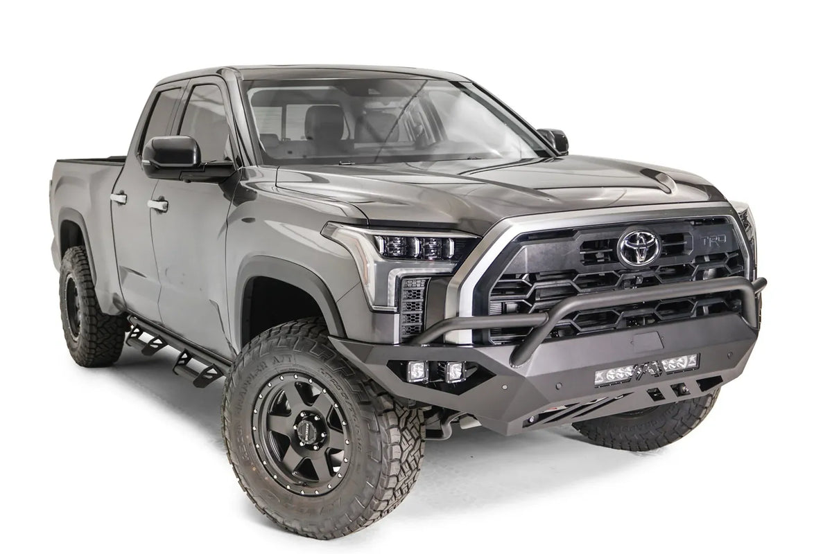 Fab Fours Vengeance front bumper on a Toyota Tundra, passenger side view