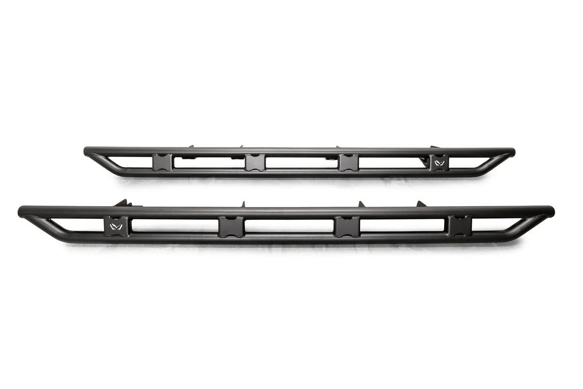 Pair of Fab Fours 4-door tube rock sliders for Toyota Tacoma in matte black, showing the double-tube frame on a white background