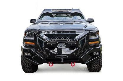 Fab Fours ViCowl on a black Chevrolet Silverado 1500, straight-on front view, showing the windshield frame cover, honeycomb mesh vent, and cowl shape