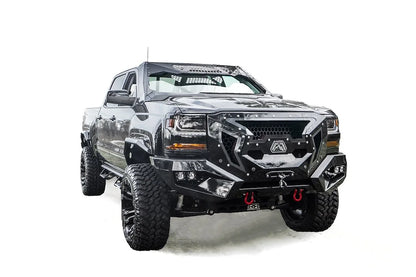 Fab Fours ViCowl on a black Chevrolet Silverado 1500, front three-quarter view, showing the windshield frame cover, mesh vent, and A-pillar wrap