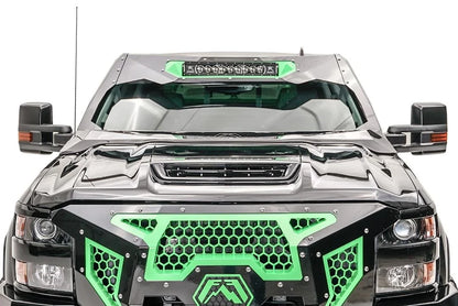Fab Fours ViCowl 20-inch light bar insert on a black Chevrolet Silverado HD, straight-on front view, showing the light bar centered in the ViCowl frame above a Fab Fours grille