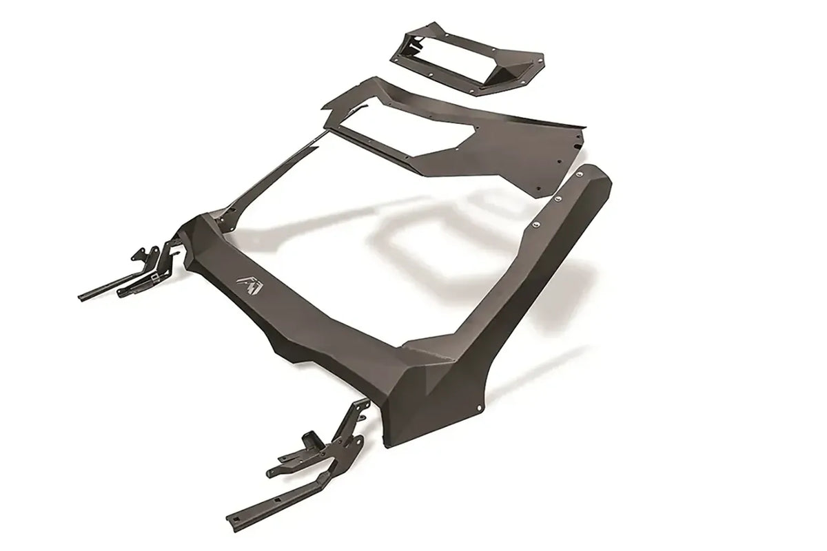 Render of the Fab Fours truck ViCowl kit with the 20-inch light bar insert, showing the windshield frame, cowl panel, mounting brackets and the single light bar opening