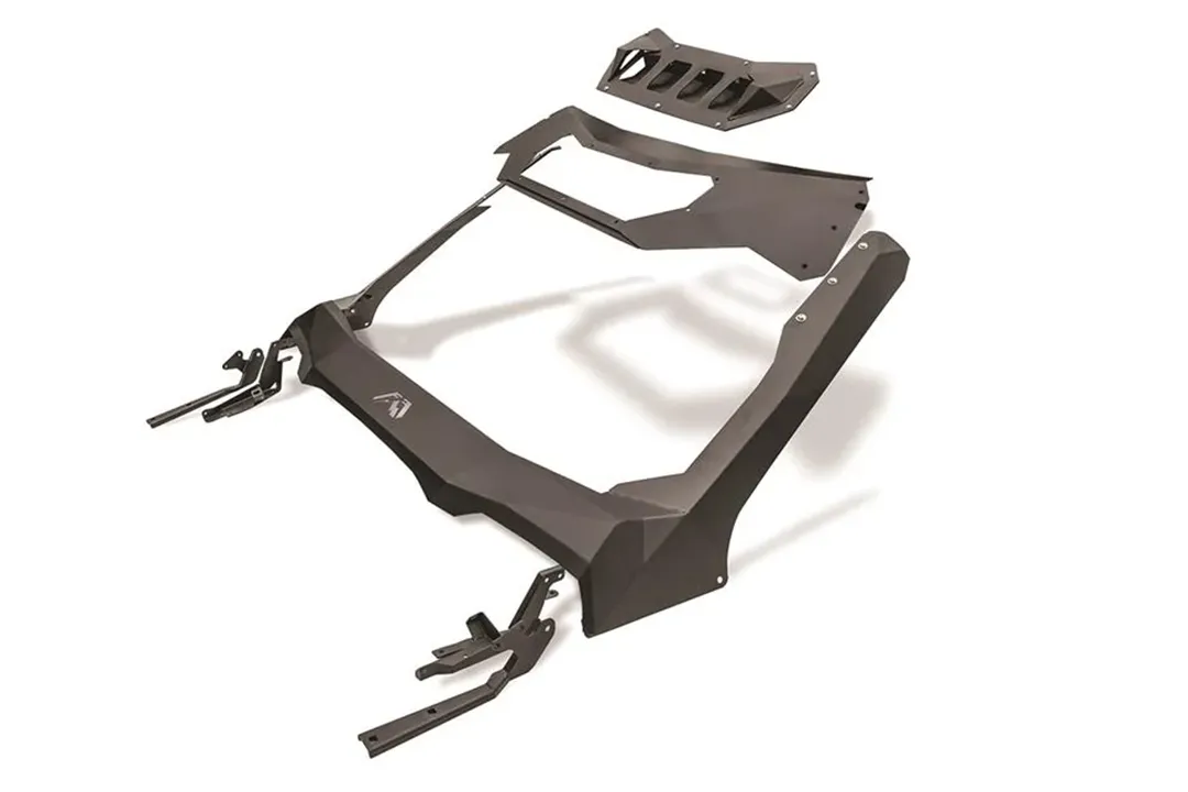 Render of the Fab Fours truck ViCowl kit with the four-light insert, showing the windshield frame, cowl panel, mounting brackets and four angled pod light pockets