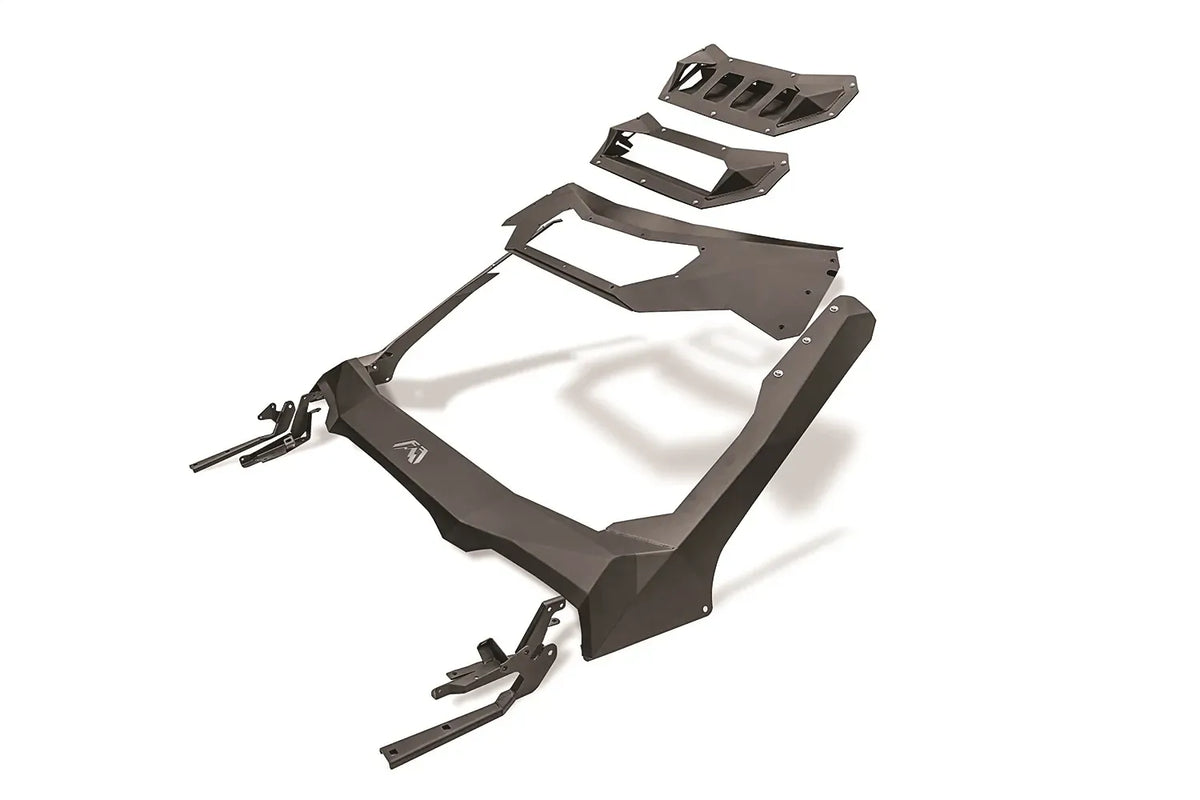 Fab Fours ViCowl kit for Ford F-150, laid out disassembled on a white background, showing the formed steel cowl frame with Fab Fours logo, A-pillar covers, mounting brackets and visor panels