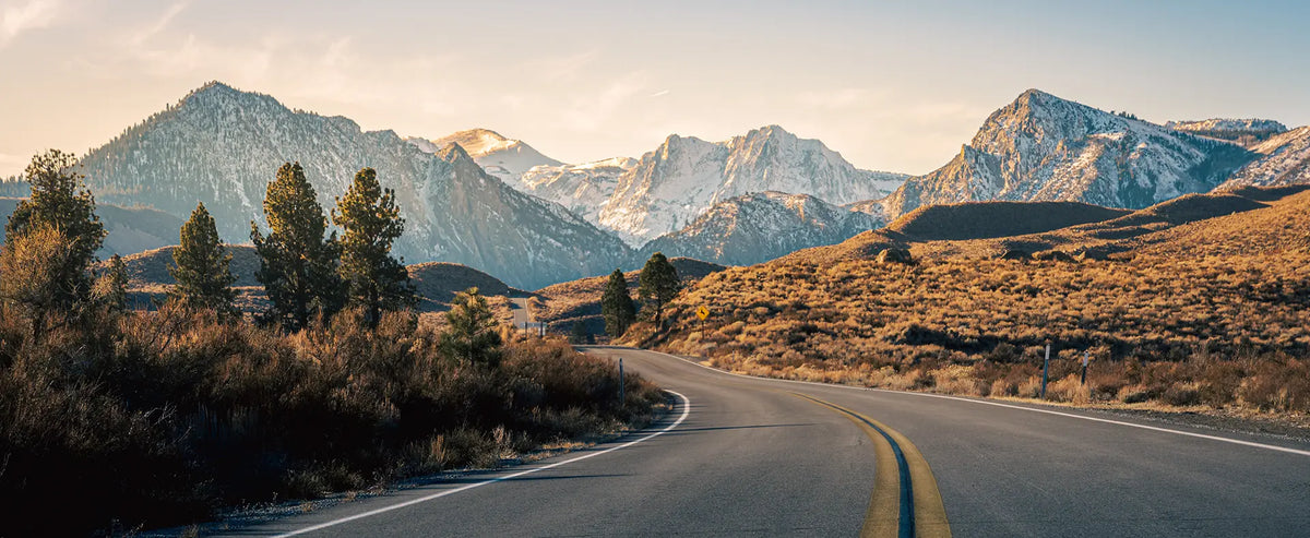 Winding mountain road at dawn framed by snow-dusted peaks and pine trees