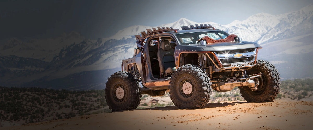 Fab Fours Kymera off-road truck build overlooking mountains near Moab, Utah